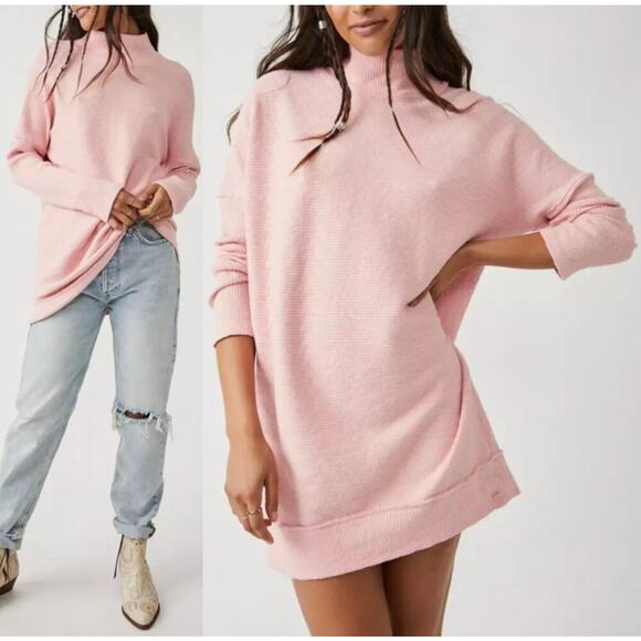 Free People Sweaters - We The Free Pink Free People Casey Ribbed Knit Mock Neck Tunic Longline Sweater